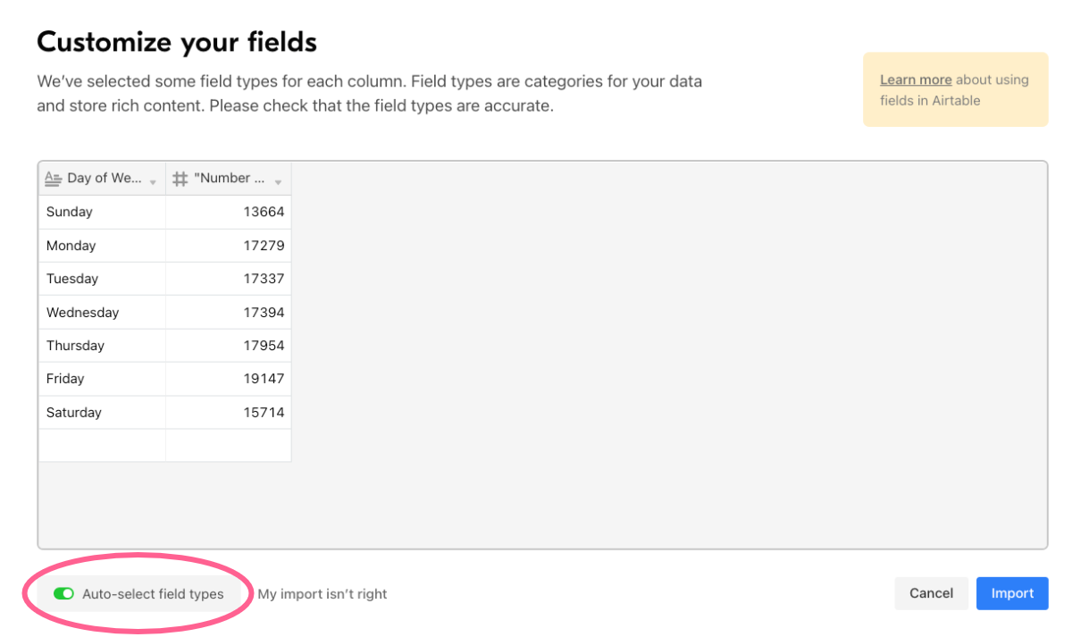 Airtable 'Customize your fields' Dialog Box